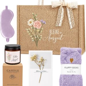Gift Set for Women – Wellness Gifts Small Time Out Set with Jute Bags Scented Candles & Socks, Birthday Gift for Girlfriend, Colleague, Sister, Mum & Grandma (Purple)