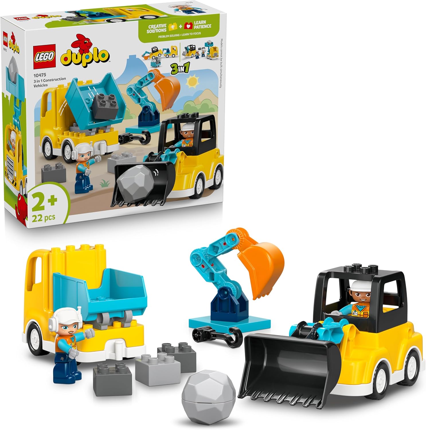 LEGO DUPLO 3 in 1 Construction Vehicles - Educational Montessori Toy for Toddlers w/ Trucks, Excavator Digger & Loader - Birthday Gift Idea for 2+ Year Old Boys & Girls - 10475