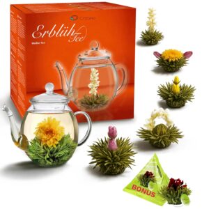 Creano Tea Flowers Gift Set – Blooming Tea with 500 ml Glass Jug & 6 x White Tea + Teelini Green Tea Bonus Ball – 8 Pieces