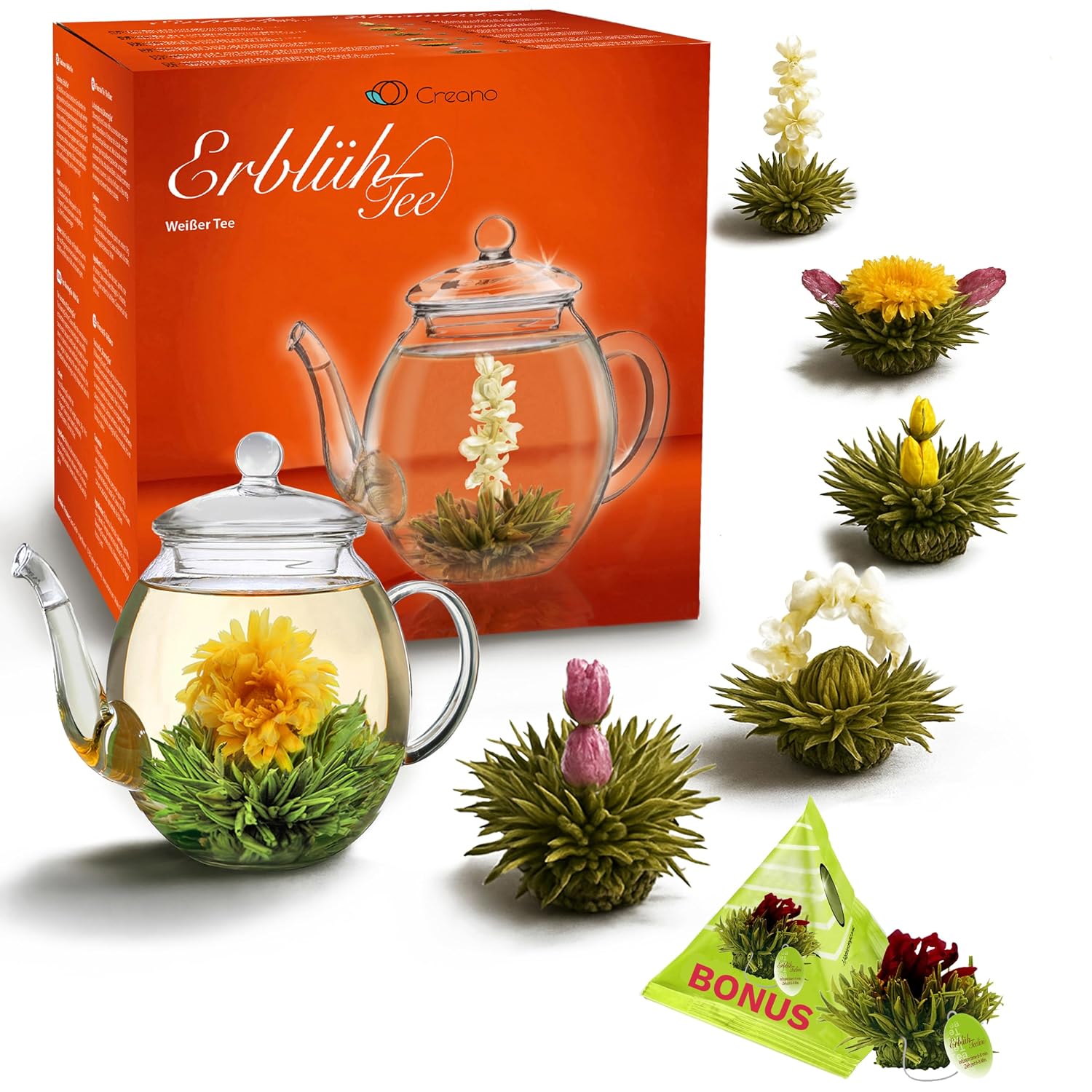 Creano Tea Flowers Gift Set - Blooming Tea with 500 ml Glass Jug & 6 x White Tea + Teelini Green Tea Bonus Ball - 8 Pieces