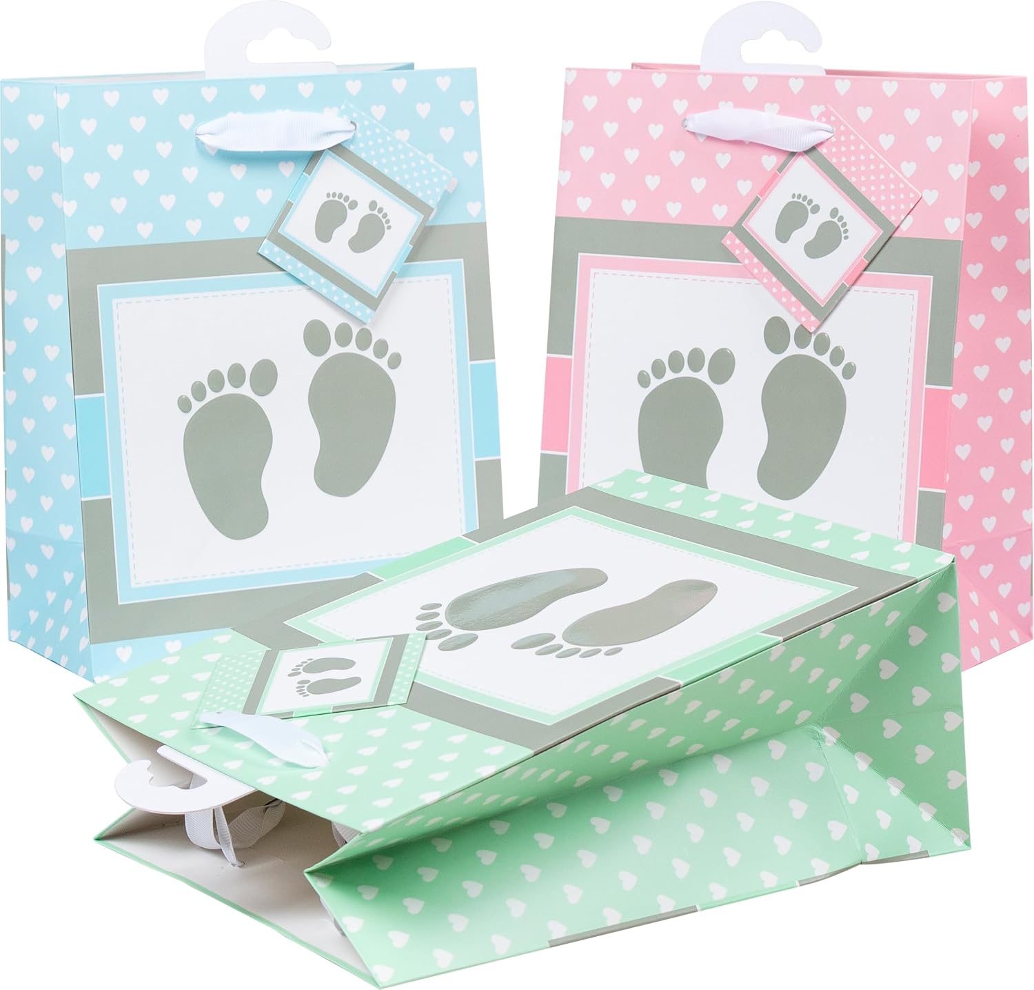 HEKU Premium Gift Bags "Baby" in Pastel, Pack of 3, 23 x 18 x 10 cm, Elegant Embossing and UV Lacquer Finish, Versatile, Environmentally Friendly and Reusable