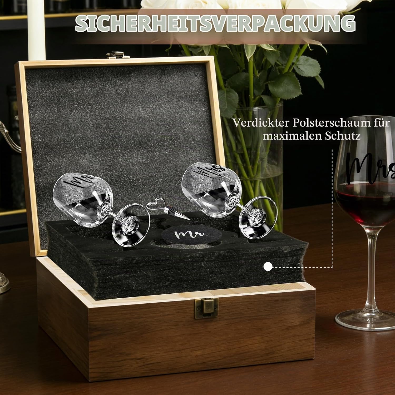 Wedding Gifts for Bride and Groom Mr and Mrs, 2 Wine Glasses with Engraving & 1 Wine Stopper & 2 Coasters, Personalised Engagement Gift Set in Wooden Box, Wedding Gift (Wedding) – Bild 6