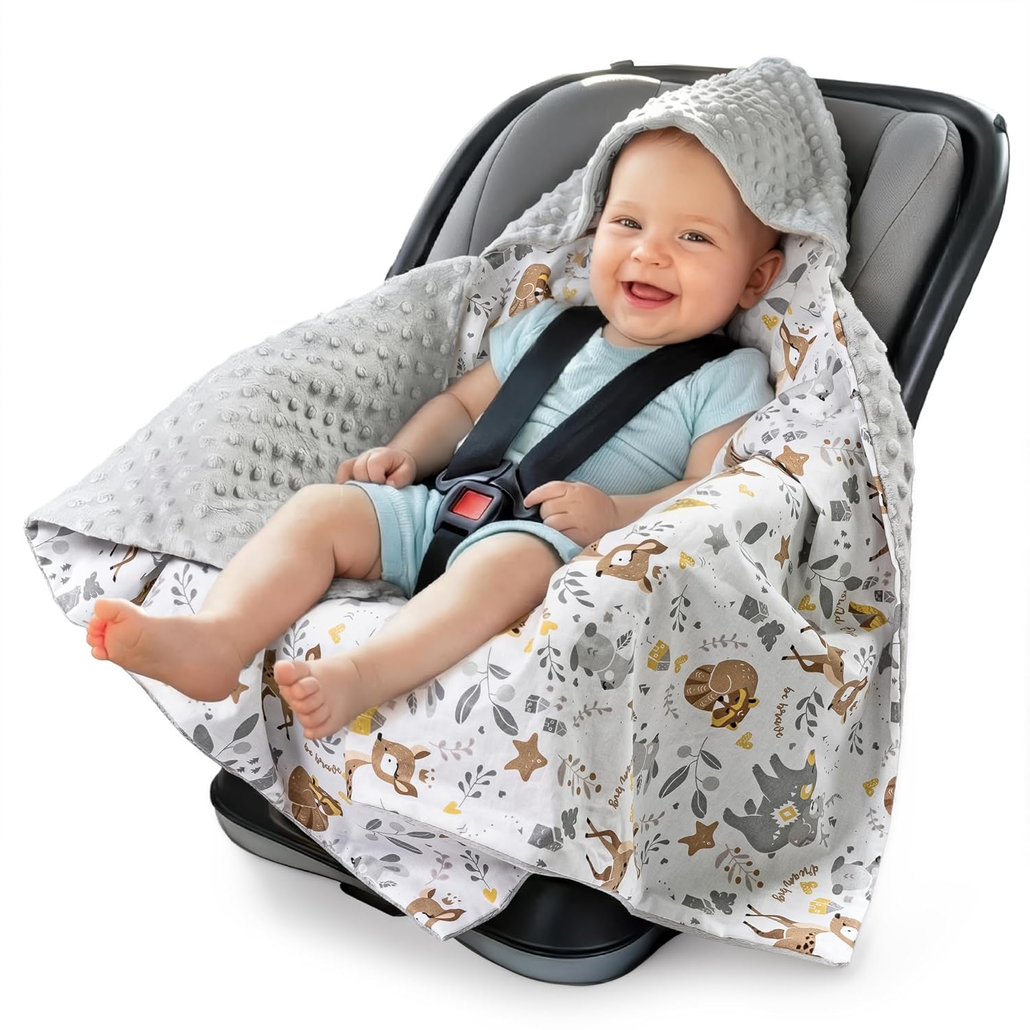 Medi Partners Swaddling Blanket for Baby Seat, All-Year Baby Blanket, Universal, 85 x 85 cm, for Prams, Buggies and Car Seats, Cuddly Blanket (Deer with Grey Minky)