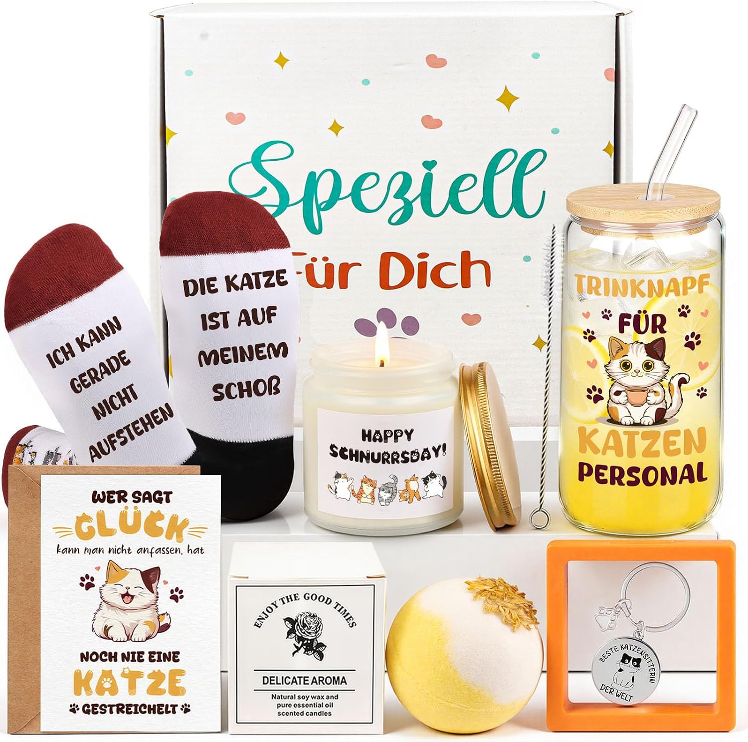 TUZELIYA Gifts for Cat Lovers - Cute Cat Gift Set with Cat Drinking Cup Cat Socks Scented Candle Birthday Gift for Women Girlfriend Girls