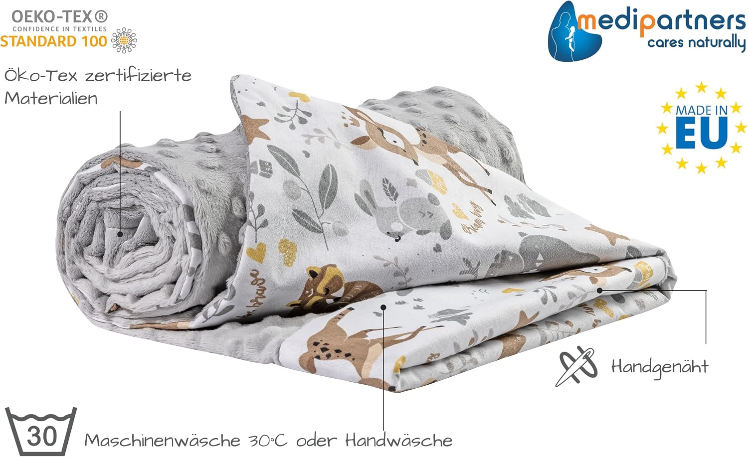 Medi Partners Baby Blanket, 100% Cotton, 75 x 100 cm, Double-Sided Multifunctional Plush Blanket for Pushchairs, Soft, Fluffy, Deer with Grey Plush – Bild 2