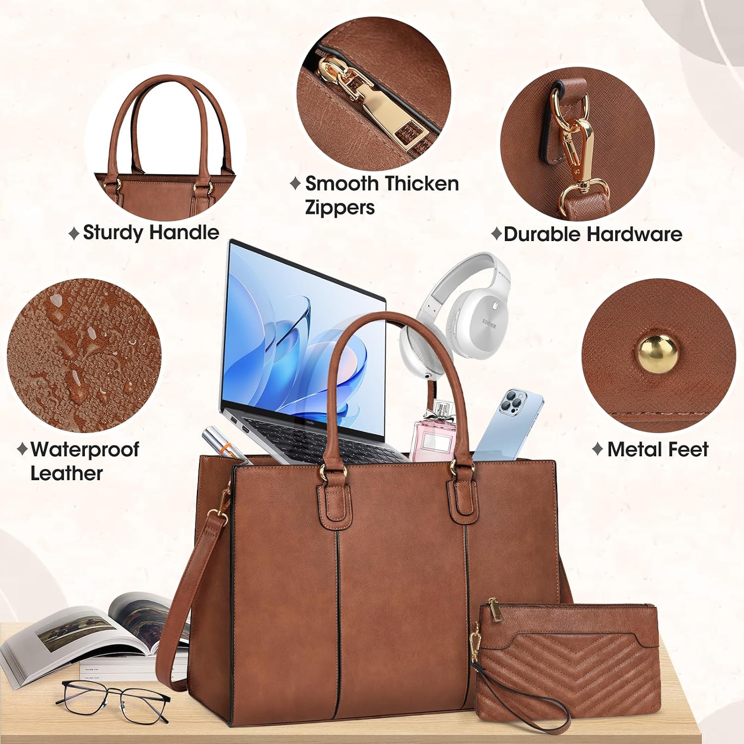 NEWHEY Handbag Women's 15.6 Inch Shopper Women's Large Work Bag Tote with Clutch PU Leather Briefcase Women's Laptop Bag Messenger Shoulder Bag for School Office Travel Business – Bild 6