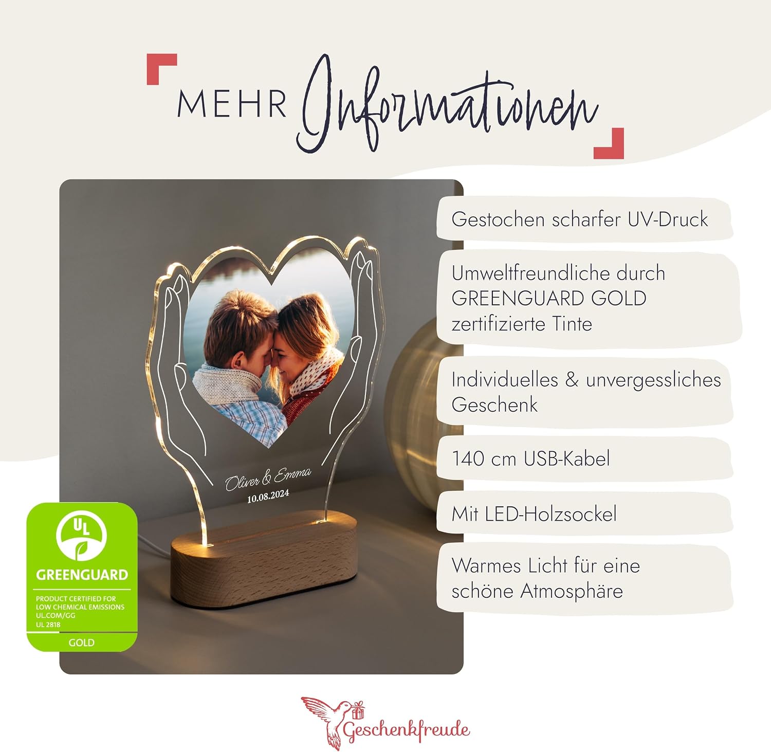 Geschenkfreude Personalised Picture with Photo and Text - Personalised Valentine's Day Gifts for Men and Women - Couple Gifts - Boyfriend and Girlfriend - Illuminated Picture Frame LED Acrylic – Bild 5