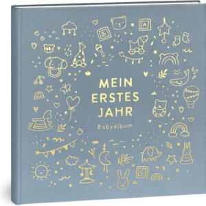 My First Year Baby Album - High-Quality Linen Book with Gold Embossing for the Most Beautiful Memories - Baby Book to Enter for the First Year of Life - Baby Gift for Birth (Toy Blue)