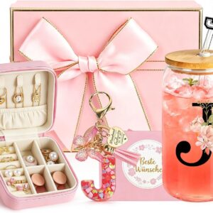Personalised Gifts with Letters – Glass Mug with Lid and Straw, Keyring and Jewellery Box with Letter, Gift for Women for Birthday, Christmas, Valentine’s Day (J)