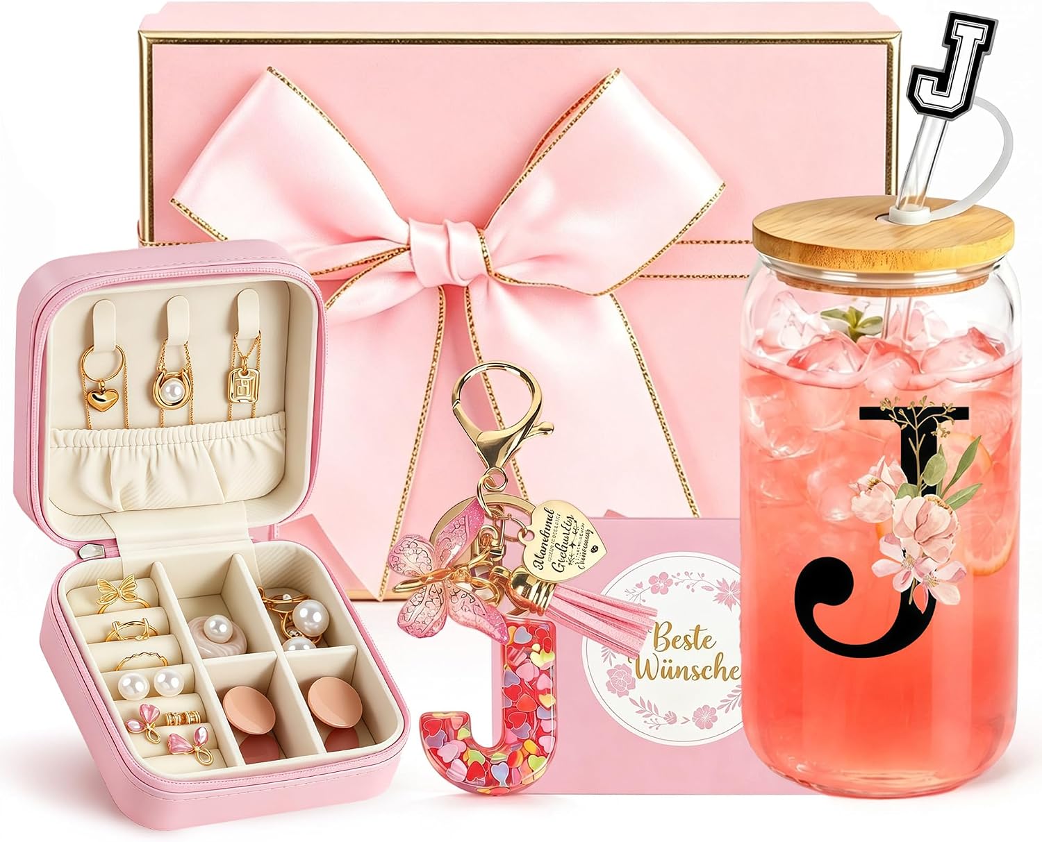 Personalised Gifts with Letters - Glass Mug with Lid and Straw, Keyring and Jewellery Box with Letter, Gift for Women for Birthday, Christmas, Valentine's Day (J)