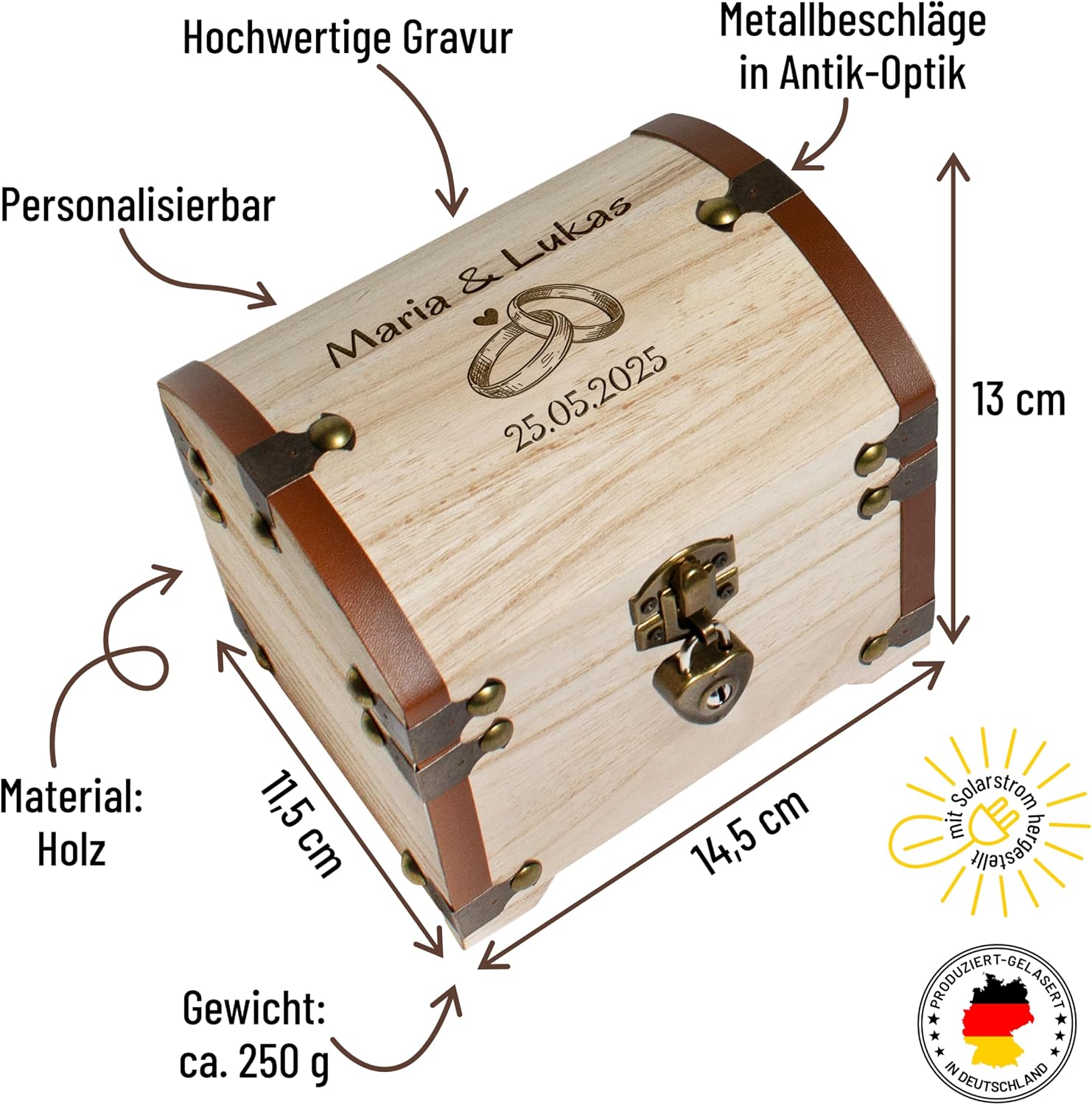 True Statements Personalised Treasure Chest with Engraving & Lock - Wedding Gift for Bride and Groom - Money Gift Packaging Wedding - Memory Box Treasure Chest - Wood, 14.5 x 11.5 x 13 cm – Bild 2