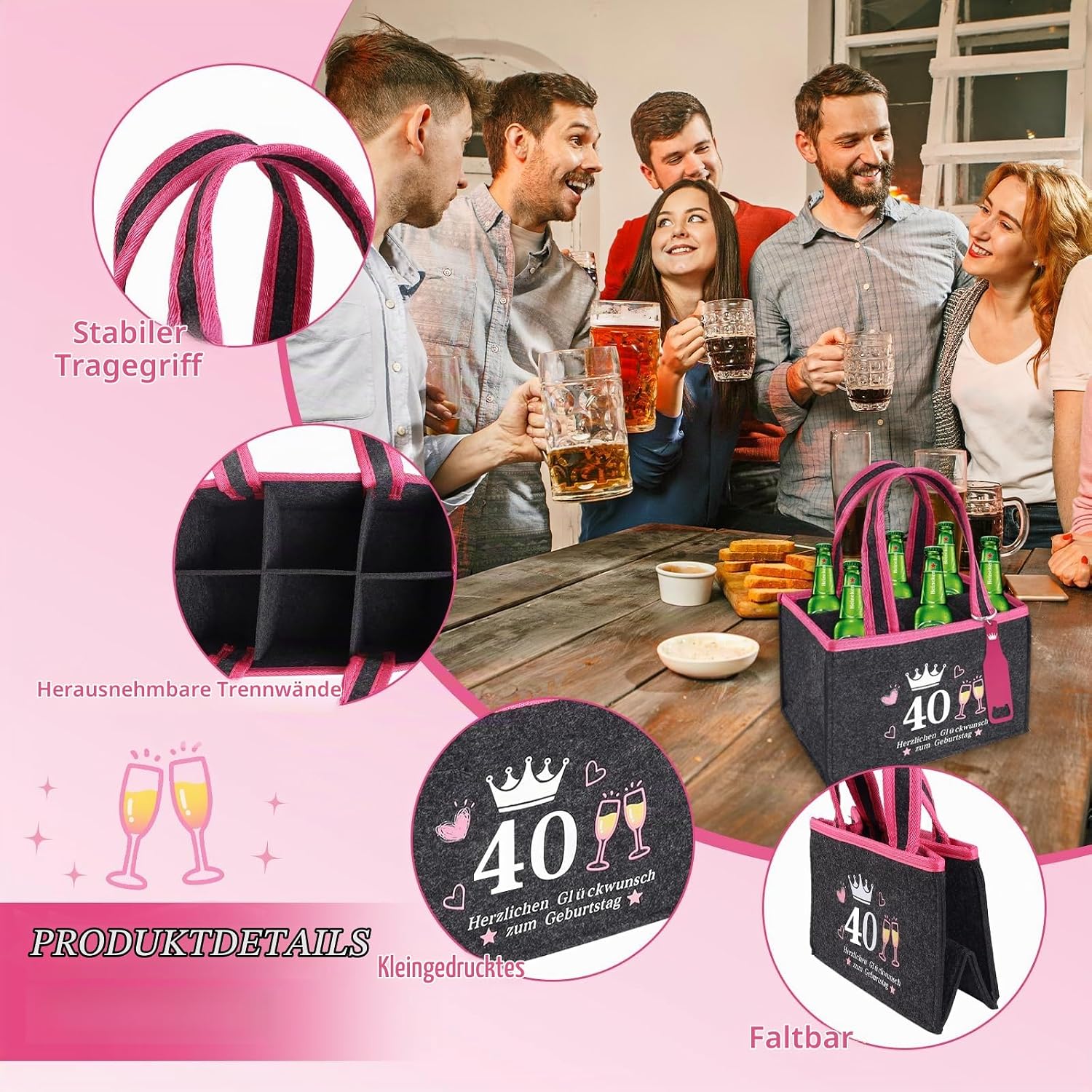 Original Gifts 40th Birthday Beer Woman, Bottle Bag with Bottle Opening and Card, for 6 Beer Bottles, Wine, Reusable Handbag, Happy Birthday for Wife, Girlfriend, Sister, Beer Carrier (40) – Bild 2