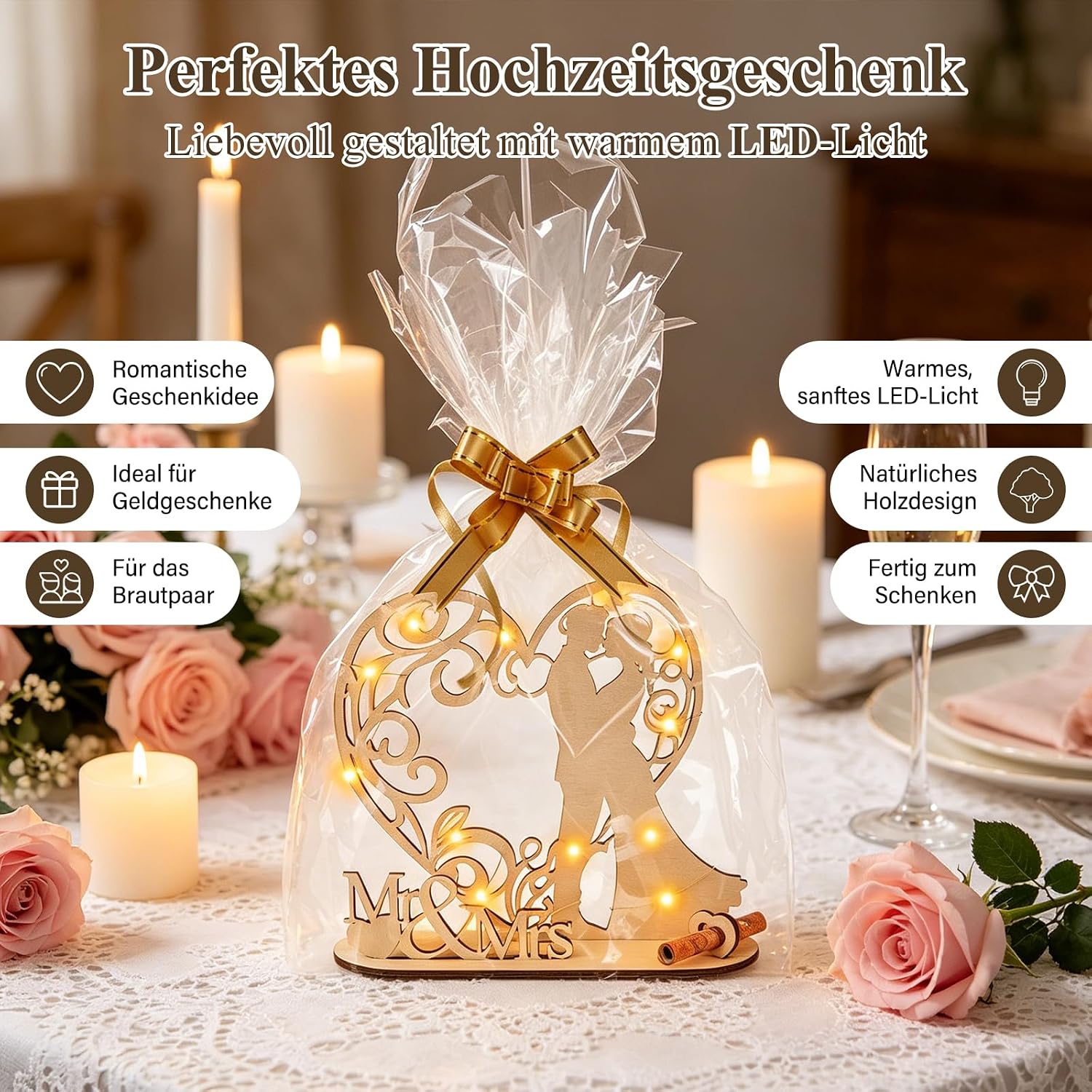 Wedding Money Gift for Bride and Groom - Wedding Gift Money Made of Wood with LED Light, Packaging with Foil & Bow, Mr & Mrs Decoration, Ready to Use – Bild 2