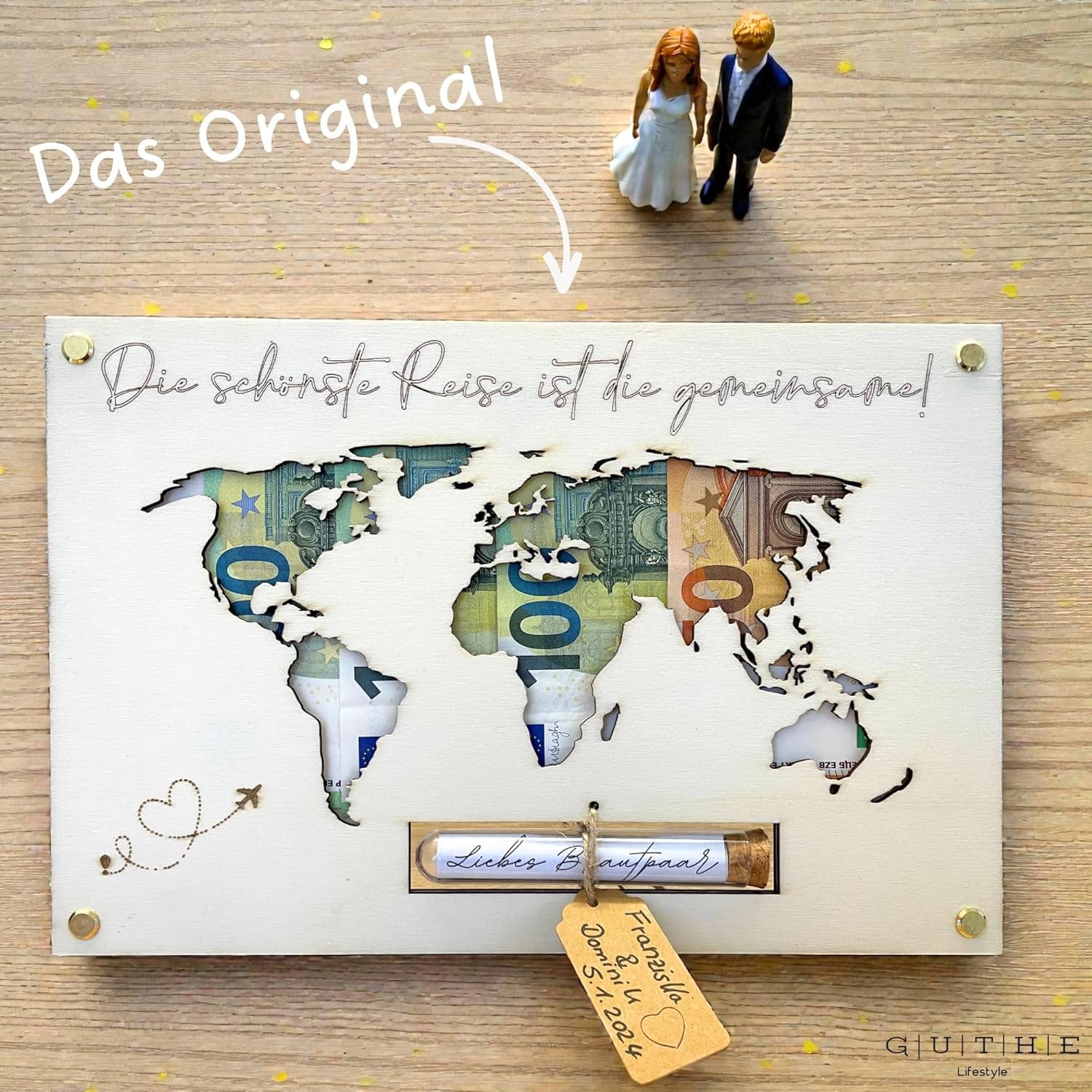 Money Gift Wedding World Map Wood | Great Wedding Gift for Bride and Groom | Couple Gift | Wedding Money Gift | Honeymoon Gift | Personalised in Test Tube – Bild 6