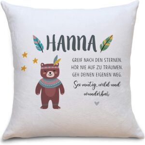 OWLBOOK Bear Boho Fluffy Cushion with Filling Personalised with Name Gifts Gift Ideas for Birth Baby Child Girl Boy for Birthday Christening Child Baby