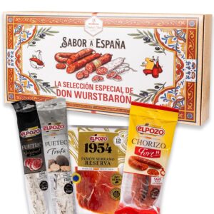 Wurstbaron Spanish Sausage Gift Set España Gourmet | Fuet Original + Fuet Truffle + Chorizo + Serrano | Gourmet Delicatessen from Spain | Gift Box for Meat Lovers