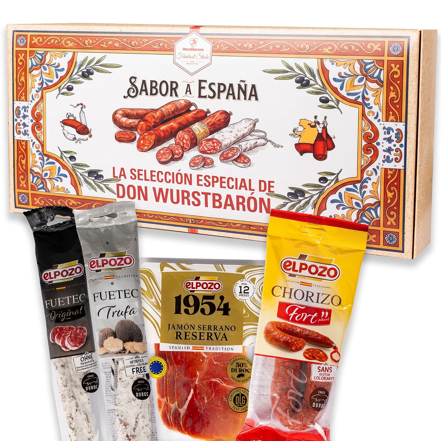 Wurstbaron Spanish Sausage Gift Set España Gourmet | Fuet Original + Fuet Truffle + Chorizo + Serrano | Gourmet Delicatessen from Spain | Gift Box for Meat Lovers