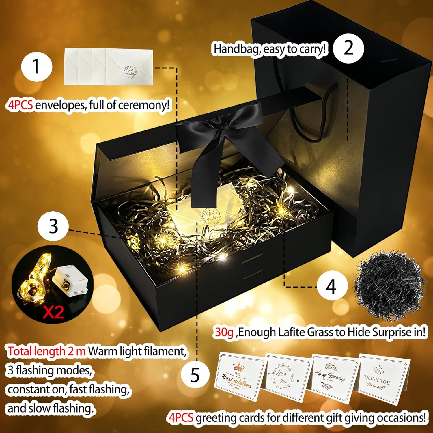 YeahBoom Gift Box with Bow, Box + Bag + Ribbon + Light, Magnetic, Gift Box with Lid, Gift Box with Ribbon, Gift Box for Gifts, Valentine's Day – Bild 2
