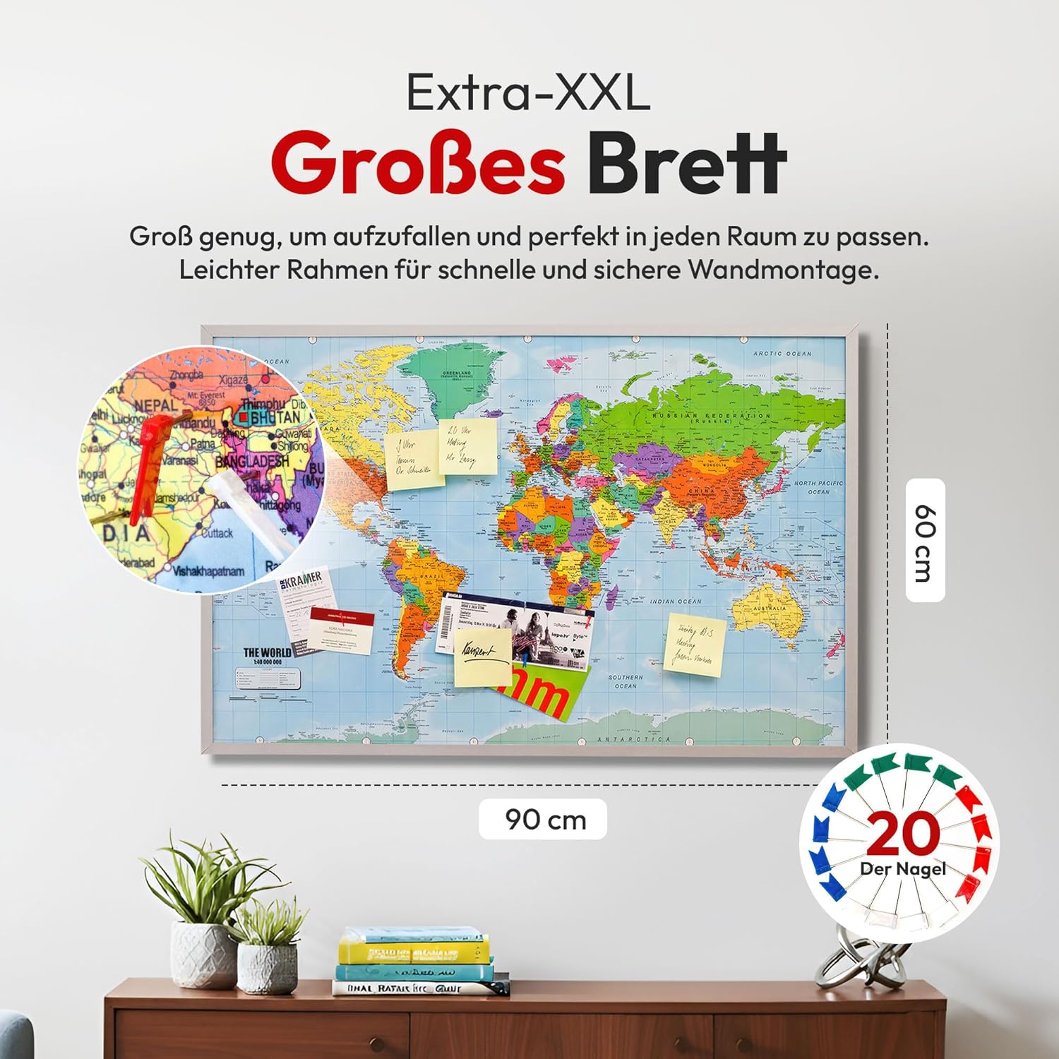 Pinboard World MAP-Xxl with Cork Memo Board Pins & 20 90x60 cm (XXL) – Bild 6