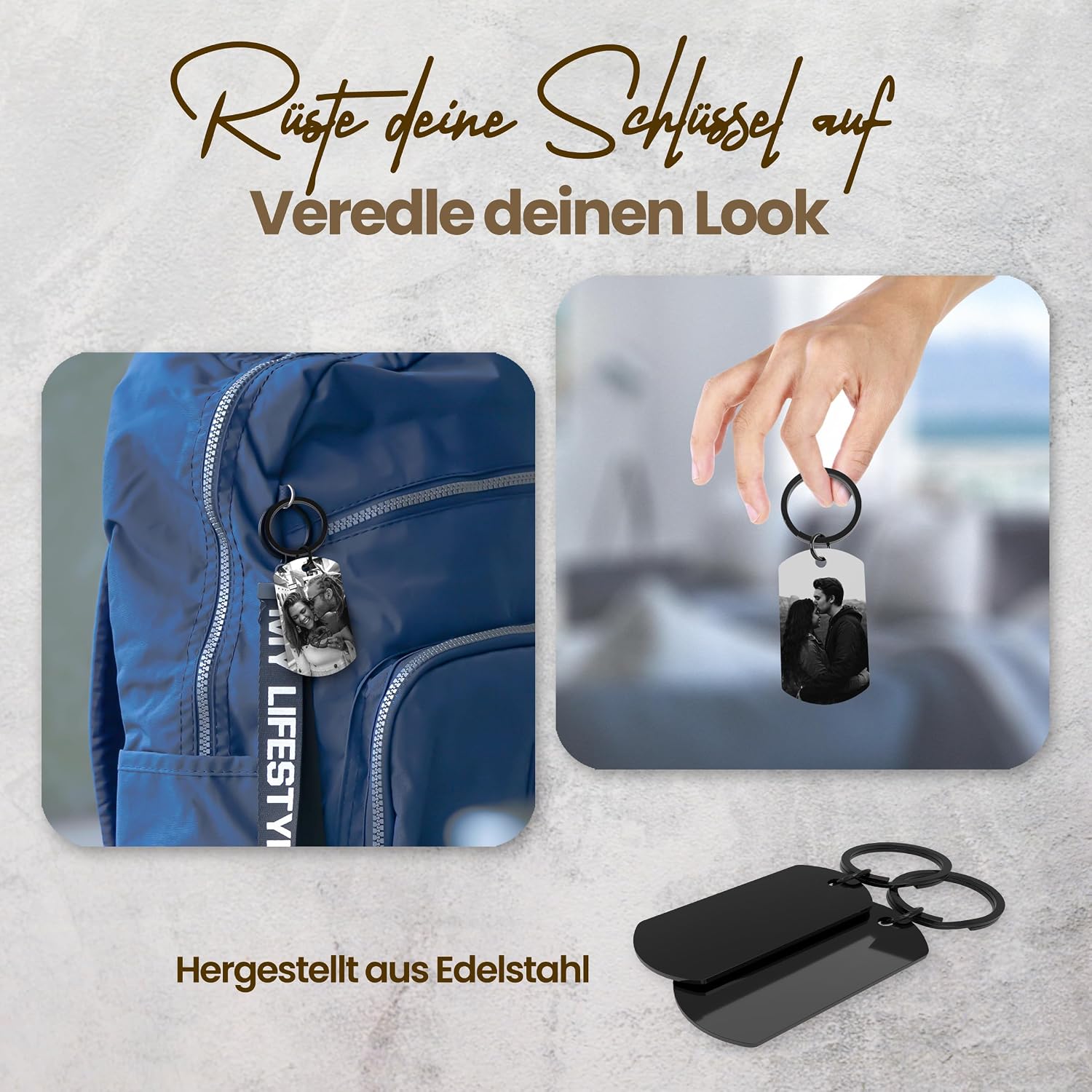 Meinearmbänder Personalised Stainless Steel Keyring with Black/White Picture and Date - Valentine's Day & Anniversary Gift for Him & Her - Partner Gifts - Personalised Gifts – Bild 4