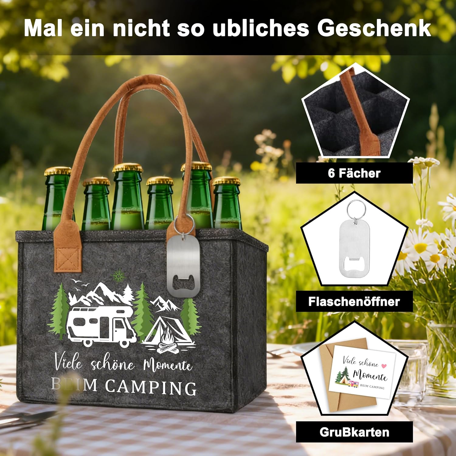 Retirement Gift Men's Men's Handbag Beer with Bottle Opener and Greeting Card, Retirement Gift Man Beer Gift Bag (Camping) – Bild 3