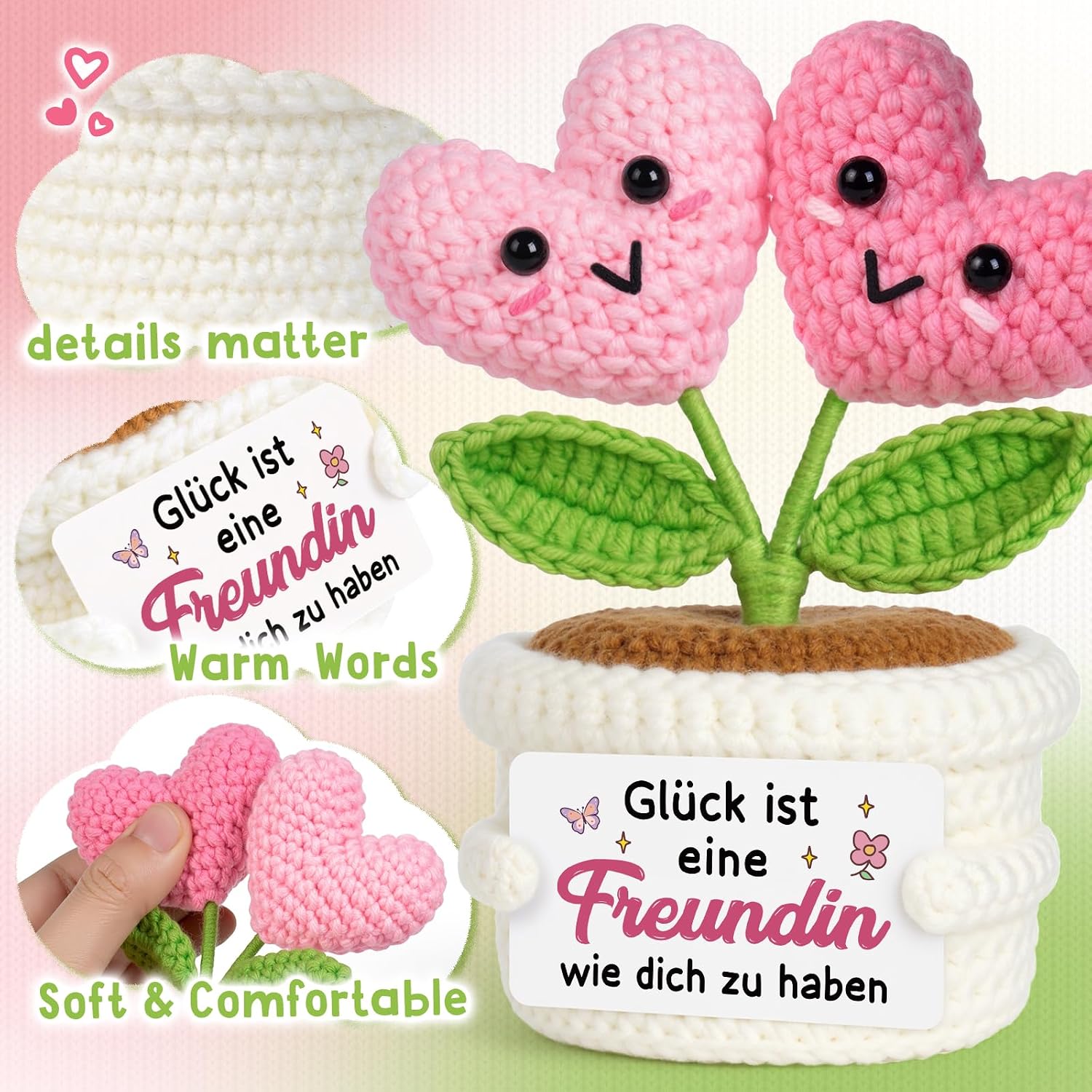 Juratar Best Friend Gifts - Handmade Crochet Flower with Heart in Pot, Girlfriend Gift Birthday, Friendship Gift – Bild 5