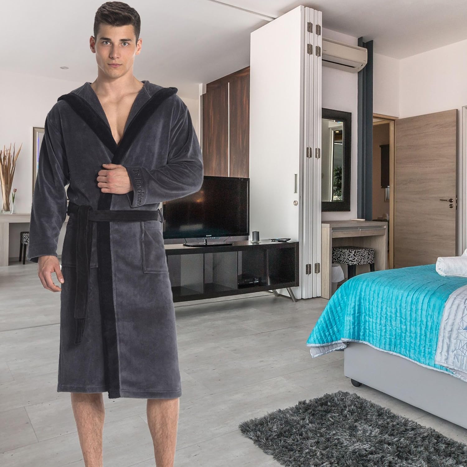 Di Ficchiano Monza Men's Bathrobe with Hood, Fluffy Dressing Gown, Sleepwear Made of Elegant Microfibre, Kimono with Choice of Colours and Sizes S–5XL, Bath Robe, Oeko-Tex Standard 100 – Bild 5