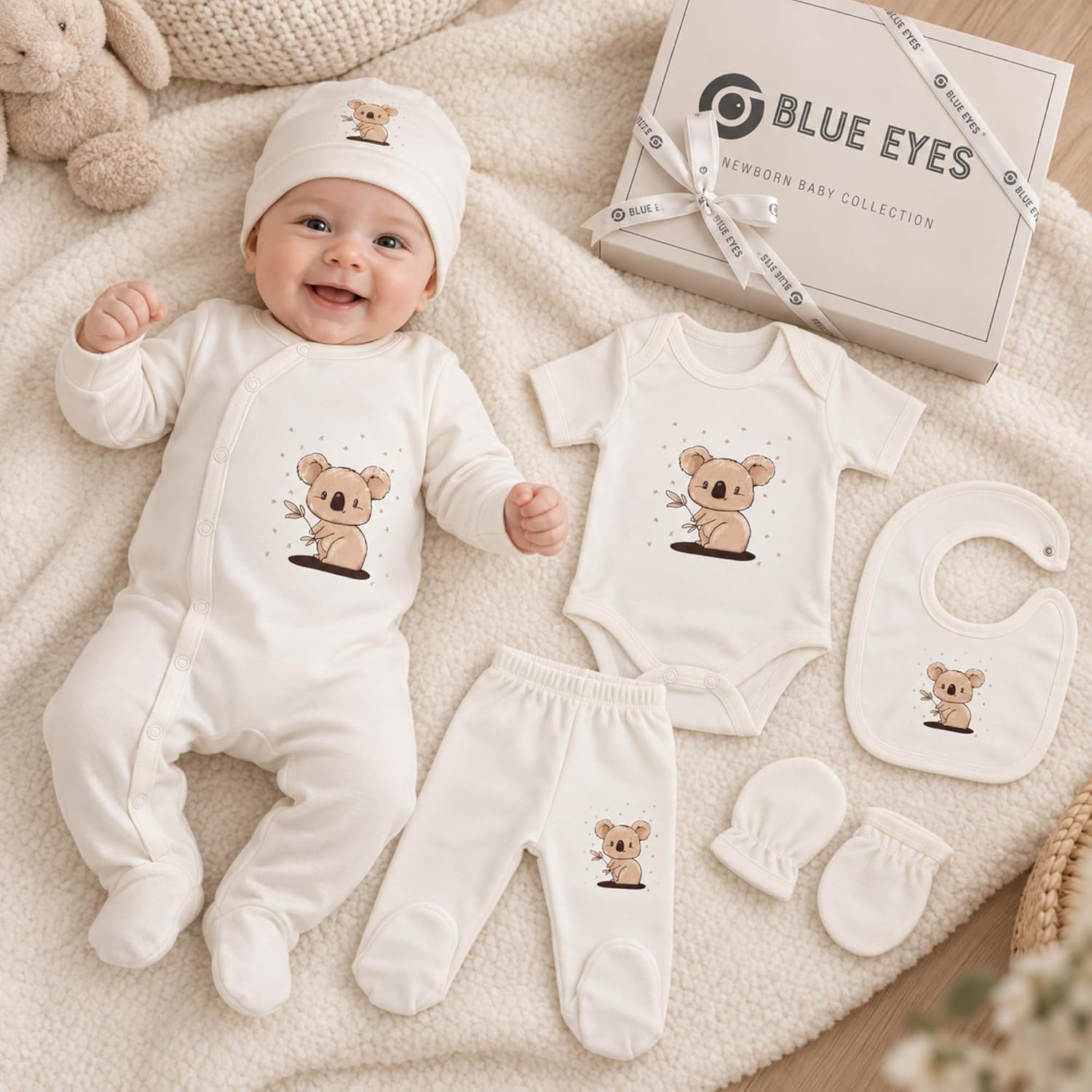Blue Eyes Baby Gift Set - 6-Piece Newborn Gift Box Set Made of 100% Cotton, Oeko-Tex, Premium First Equipment for Birth 0-4 Months, Unisex for Boys & Girls (Koala) – Bild 3