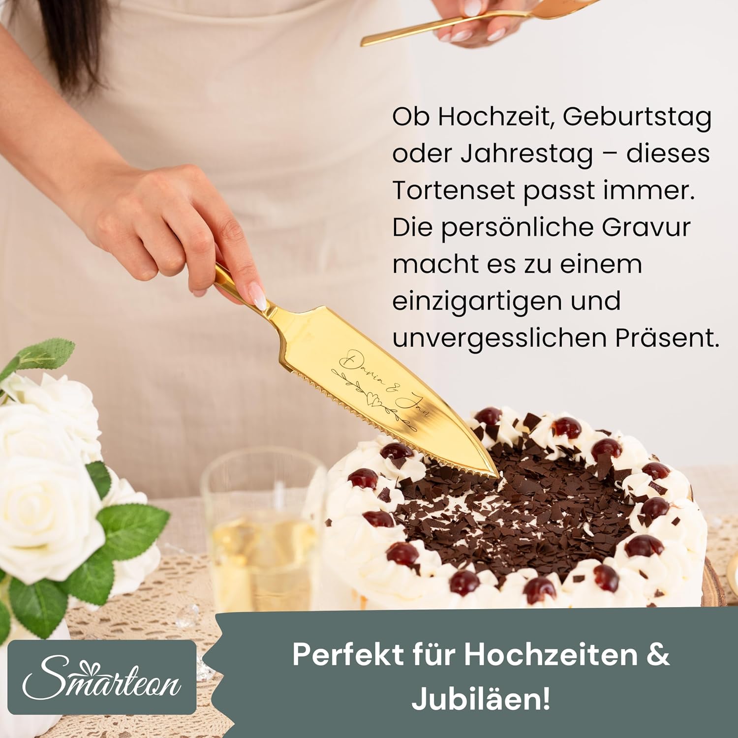 SMARTEON Cake Server Set Hand in Hand with Cake Knife and Personalised Engraving - Wedding Gifts for Newlyweds, Birthday, Anniversary, Gift Idea for Couples - Silver Set in Gift Box – Bild 6