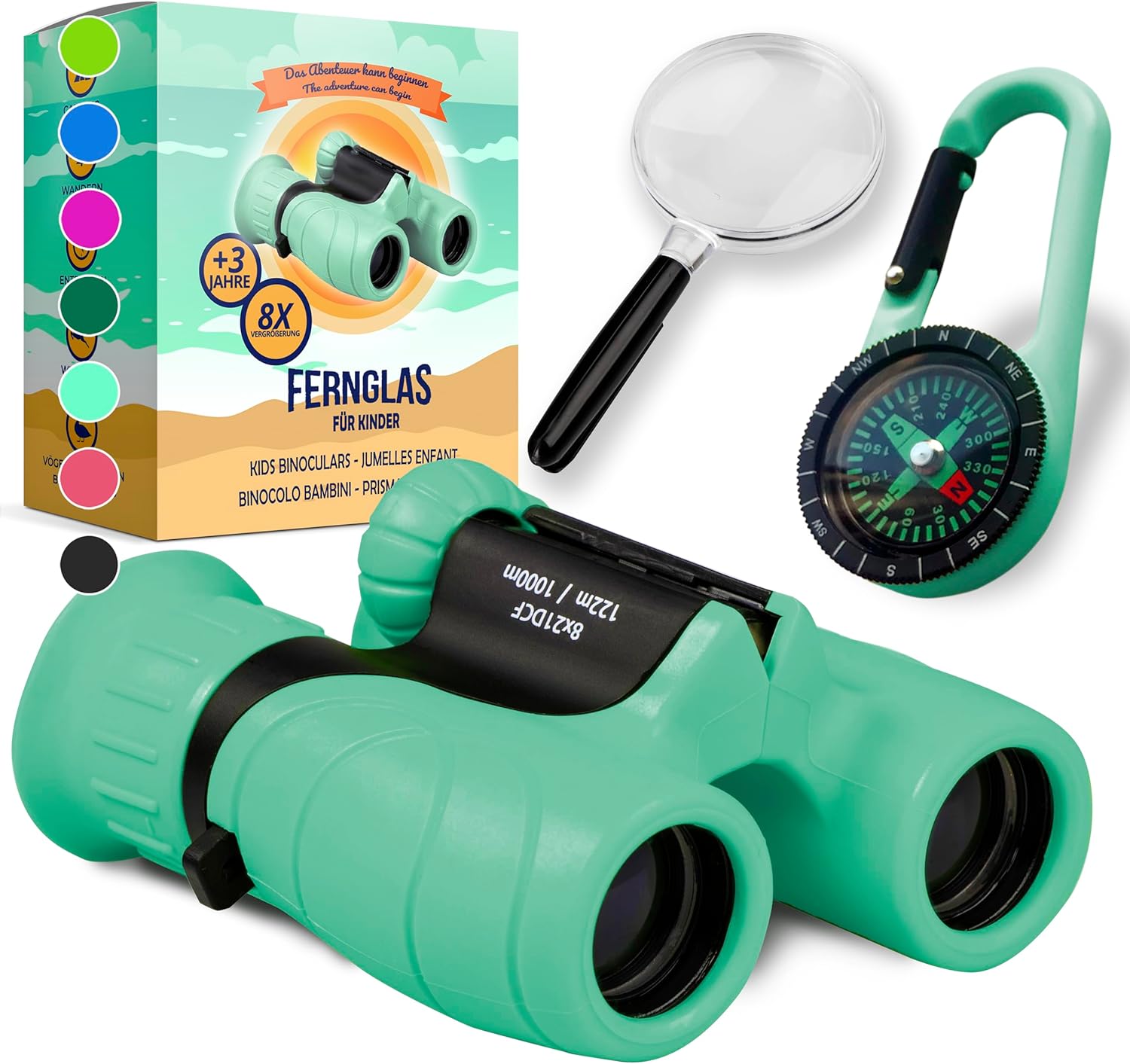 Binoculars for Children - Ideal Gift for Boys and Girls - Strong Magnification 8 x 21 - Comprehensive Set Including Magnifier & Compass - Toy for Children 3-12 Years