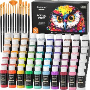 Shuttle Art 72 Piece Acrylic Paint Set, 60 Colourful Acrylic Colours in Bottles (60 ml each), Highly Pigmented, Non-Toxic, Acrylic Paint Waterproof for Artists, Beginners, Adults on Canvas, Stones