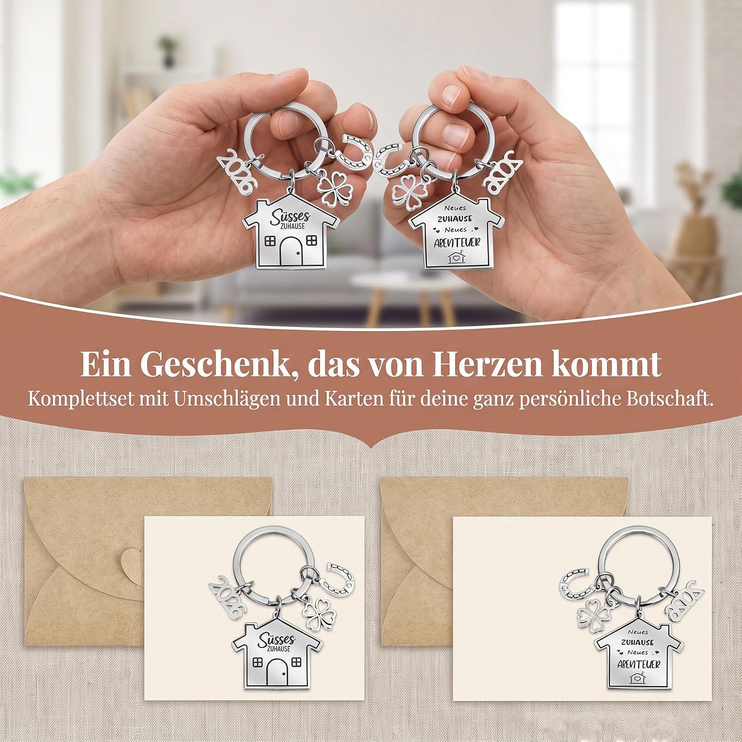 Pack of 2 Key Chains House, 2026 Key Fob Home Housewarming Gifts Home New Home Gift Home Sweet Home with Envelope and Blank Card – Bild 4