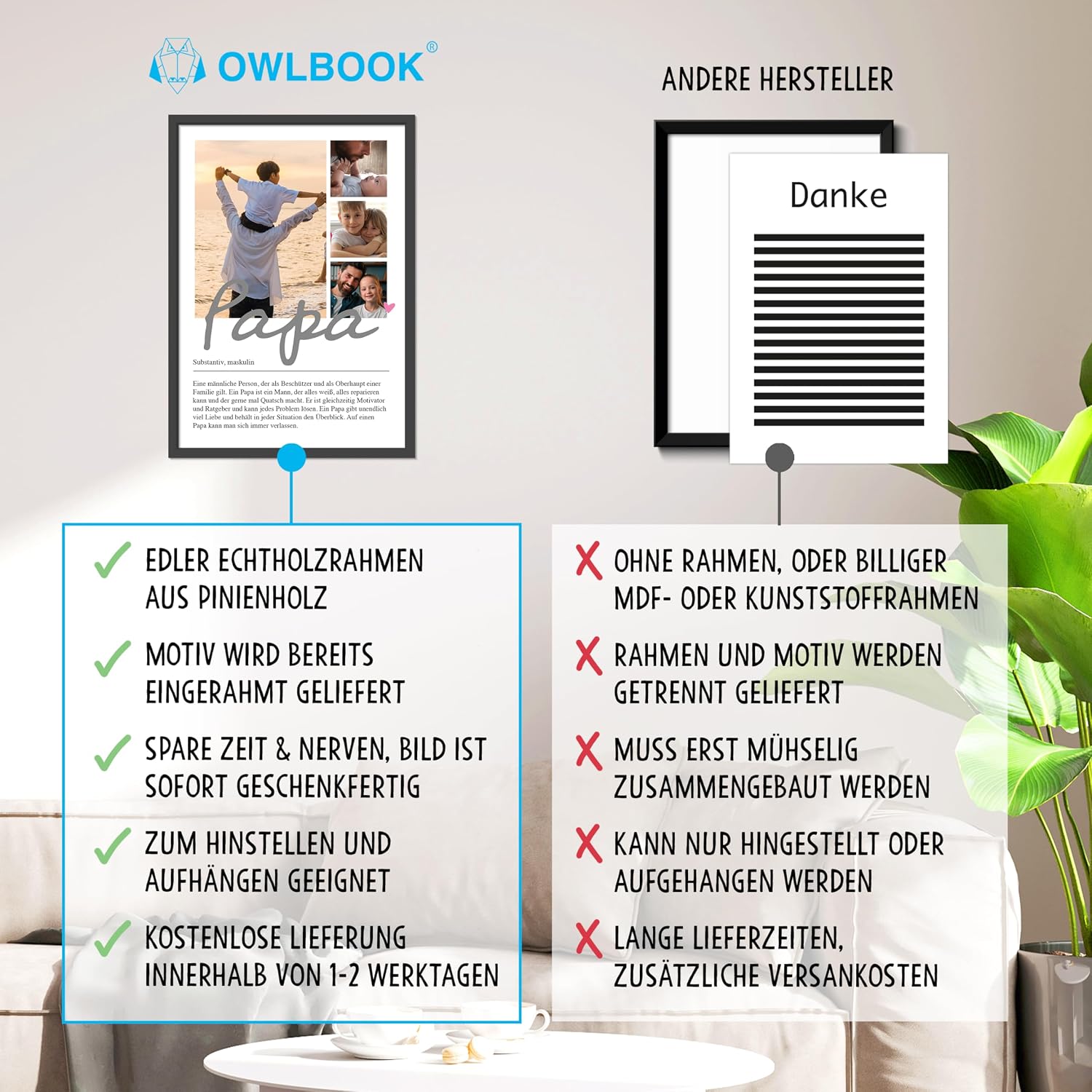 OWLBOOK Personalised Photo Gifts for Dad with 4 Photos Design Yourself - Poster Definition Dad - Gift as Birthday Gift | Optional with Picture Frame – Bild 5