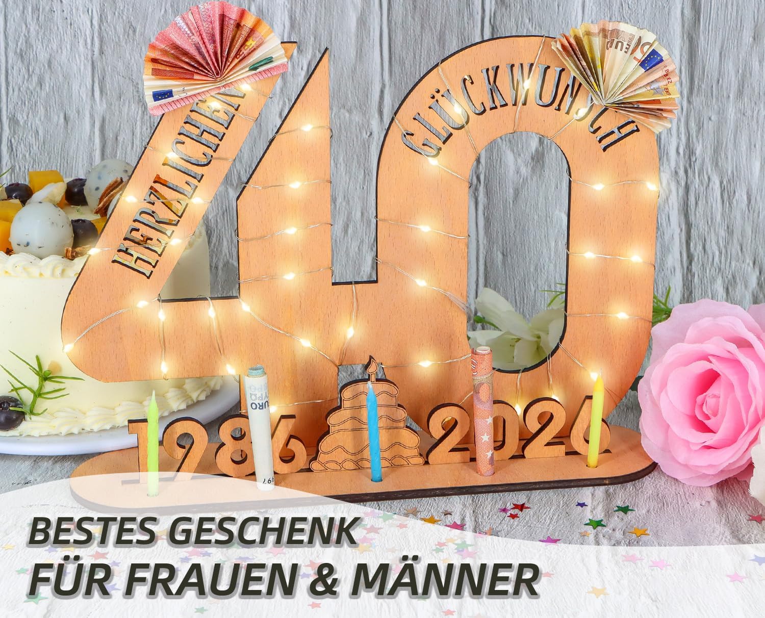 Giftota - 2026 Original 40th Birthday Gift Women & Men - 40th Ruby Wedding - Money Gifts 40 with LED Fairy Lights Stand - Wooden Sign Guest Book - 40th Birthday Decoration - Wedding Gifts – Bild 2