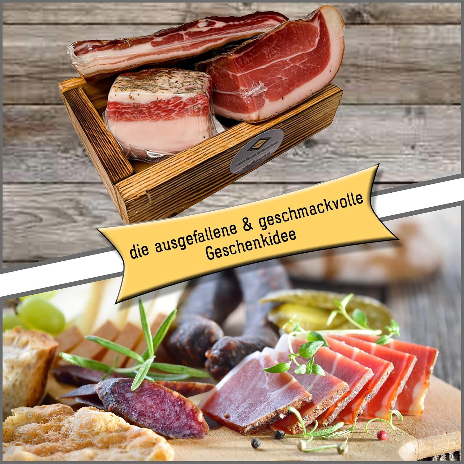 BAVAREGOLA "Speck Kistl" Gift Box with 3 South Tyrolean Bacon Specialities - Gift Basket Filled with Bacon, Lardo & Pancetta by Viktor Kofler/Lana - Enjoyment Gift for Men and Women – Bild 4