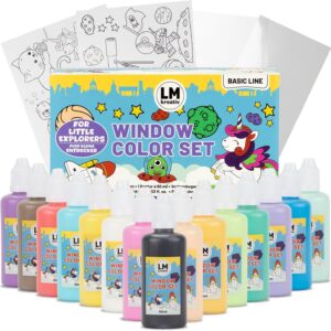 LM-Kreativ Window Colour Set – Little Explorers, 15 Window Paints of 60 ml, Includes Black Contour Paint, 14 Imaginative Templates, for Creative Window Pictures and Craft Fun