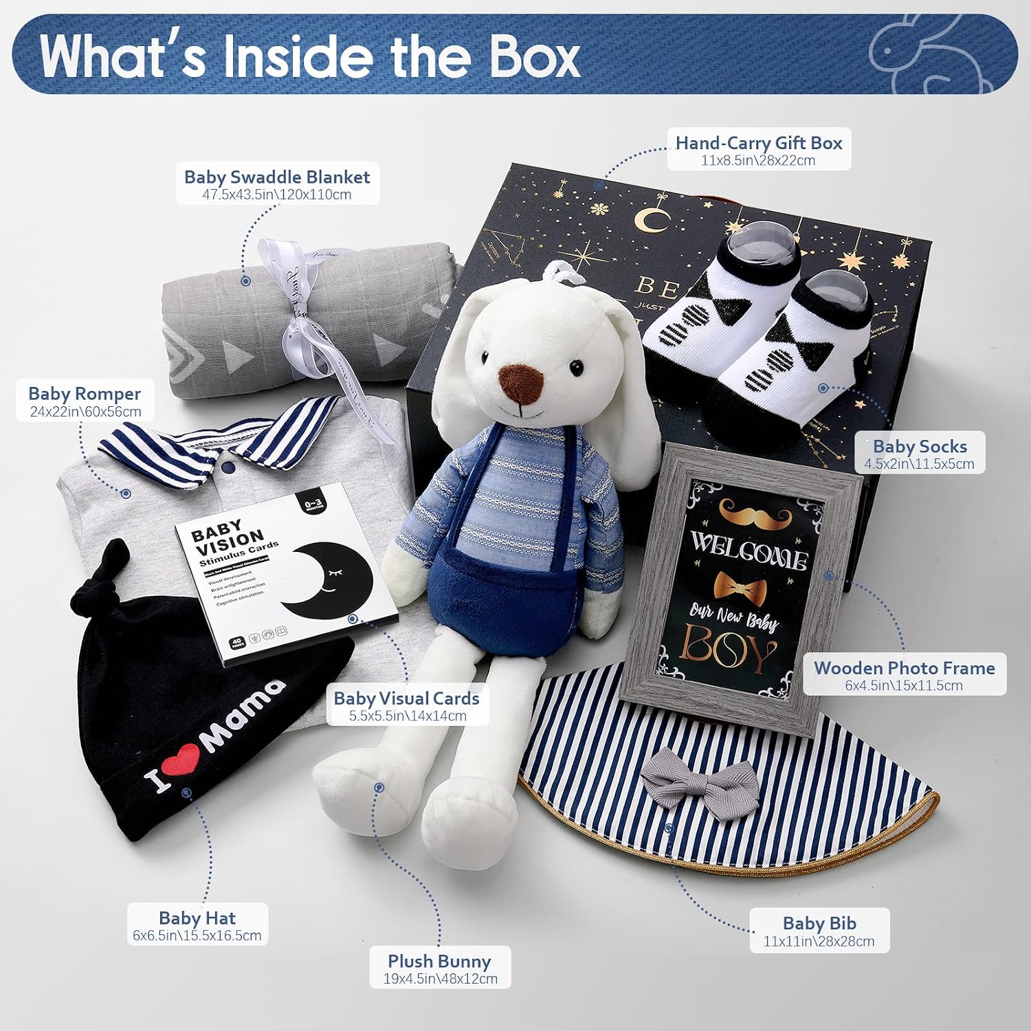 Baby Gift Boys Newborn Gifts for Birth with Baby Romper / Rabbit Cuddly Toy / Bib / Socks / Muslin Blanket Nappy Cake Gift Box Baby Shower Party Gender Reveal Gift – Bild 6