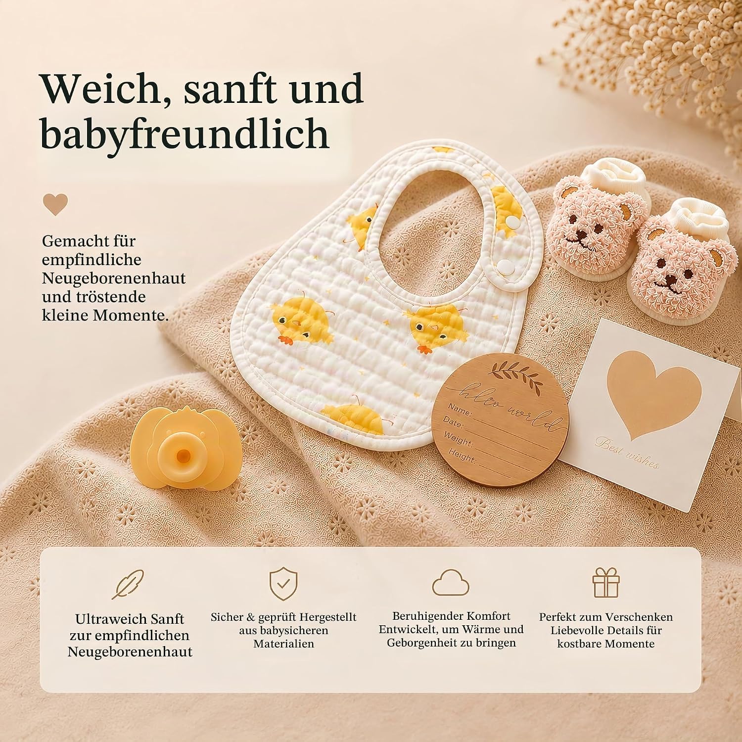 Baby Newborn Gift for Boys or Girls - 11 Piece Newborn Gift with Hooded Towel, Rattle, Pram Toy and Storage Basket, Baby Shower Gifts – Bild 6