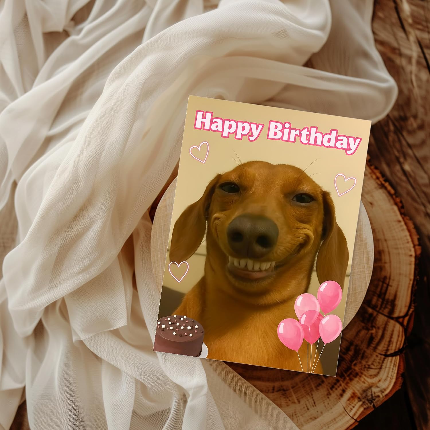 WBdesignz Funny Birthday Card with Envelope - with Happy Dachshund, Pink Balloons & Chocolate Cake - Humorous Greeting Card for Dog Owners, Friends & Family for Birthday (A6) – Bild 4