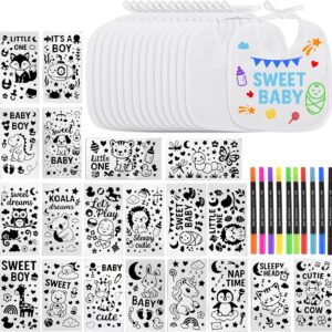 Baby Bibs for Painting, 22 x 18 cm, Set of 15 Cotton with 12 Textile Pens and 20 Stencils, Creative Bib Painting Baby Set for Baby Shower, Baby Shower Games, Boys and Girls Gift Idea