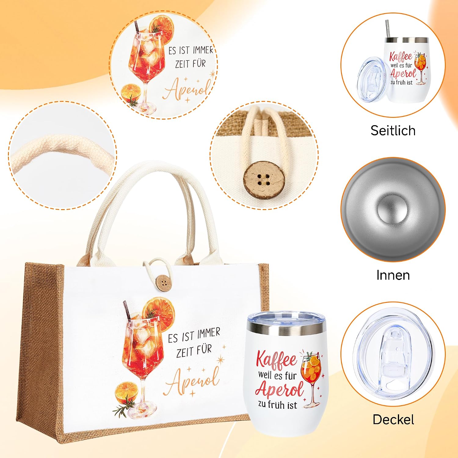 3 Piece Splash Gift Set for Aperitif, Stainless Steel Wine Tumbler 350ml with Lid & Straw, XXL Jute Beach/Gift Bag 32×22×13cm, Premium Birthday Card - Summer, Party, Girlfriend, Women – Bild 6