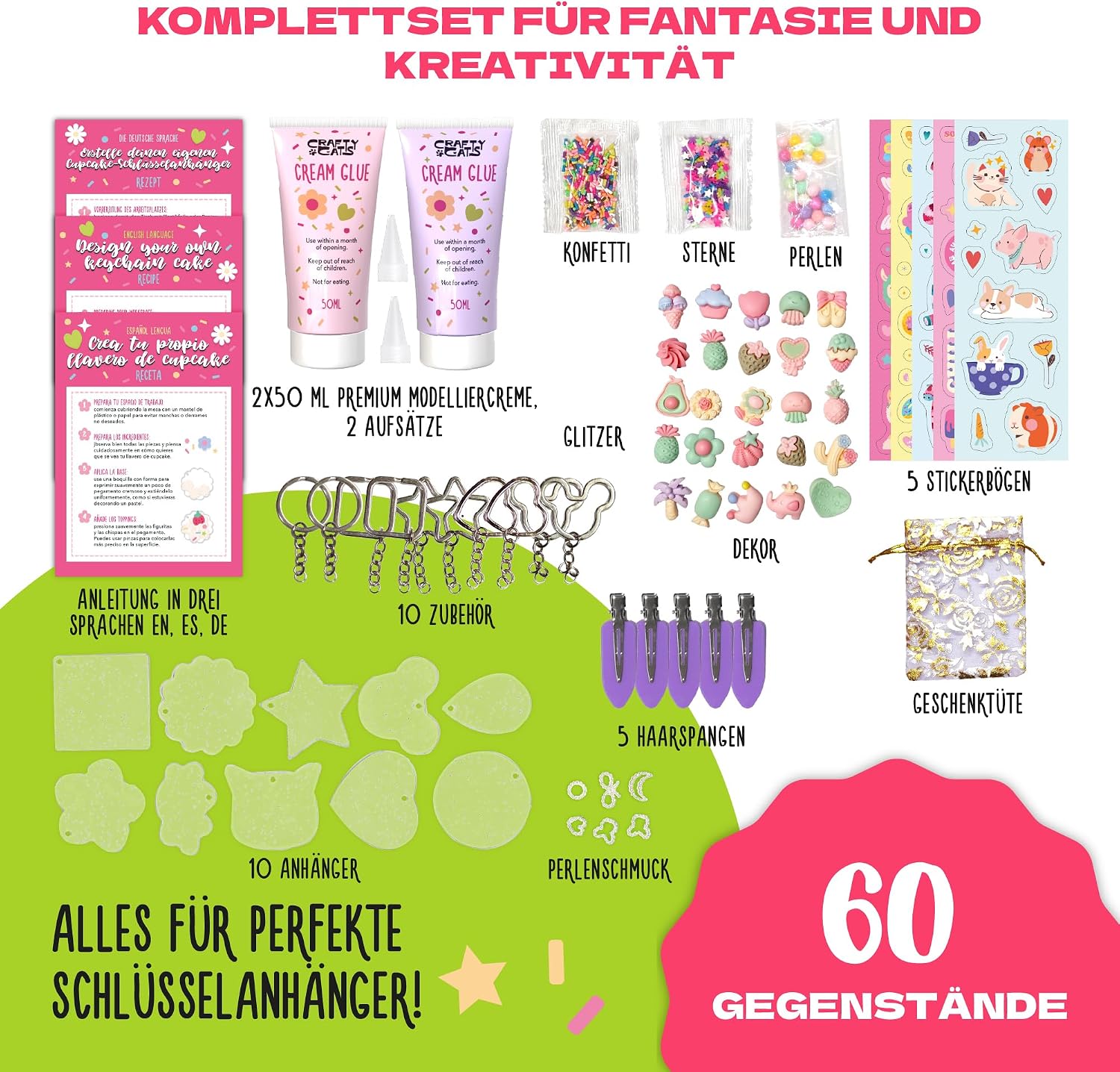 CRAFTY CATS Craft Set Children's DIY Set for Creativity Cupcake Keyring and Hair Clips with Cream Glue Glitter and Beads Craft Case Gift for Girls from 6 Years Ideal from 8 Years – Bild 3