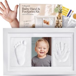Baby Handabdruck und Fußabdruck Set mit Bilderrahmen – 3-in-1 Abdruckset aus Ton mit 2 Tonpäckchen, Buchstaben, Zahlen und Goldfarbe – Personalisiertes Geschenk zur Geburt