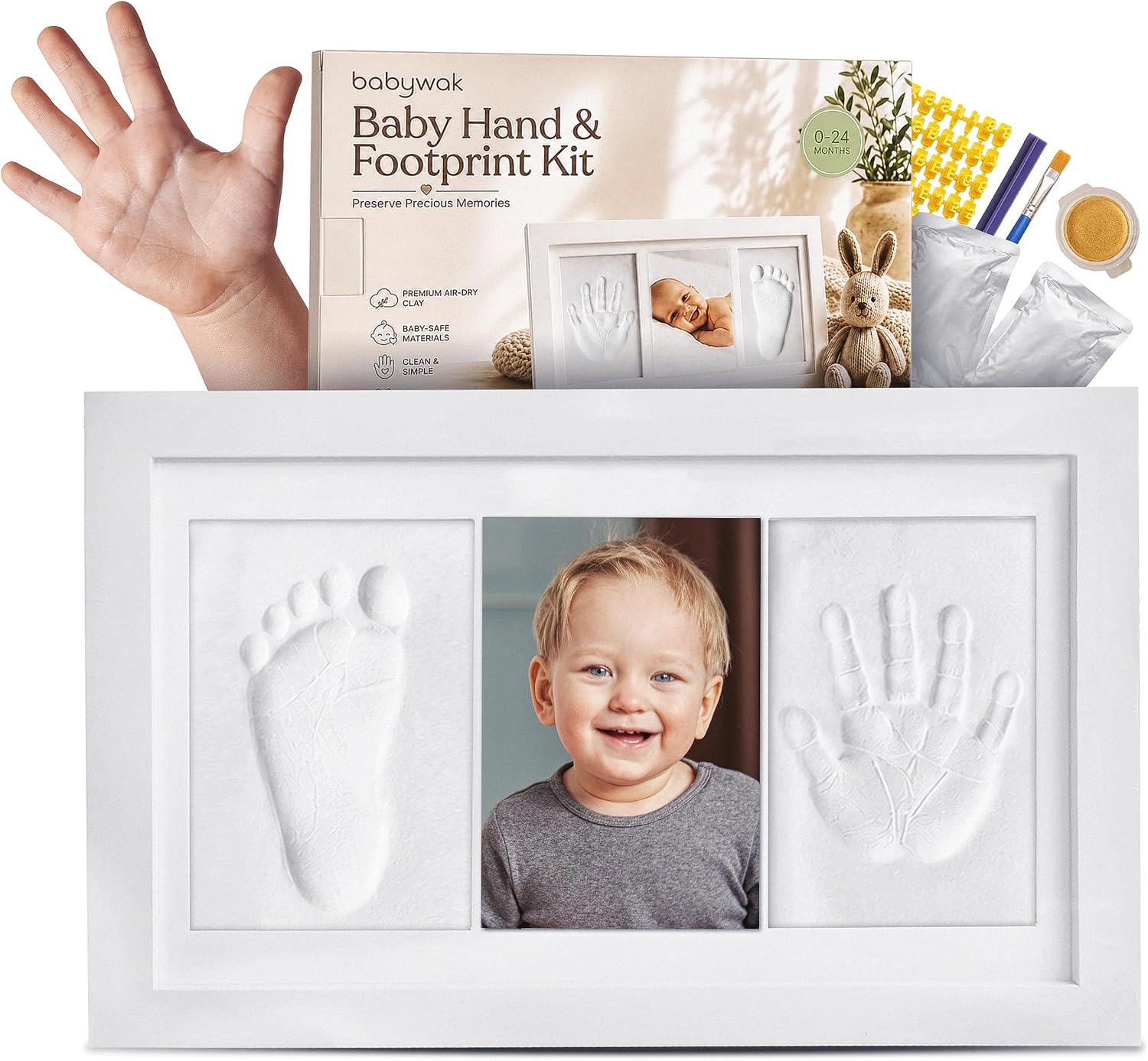 Baby Handabdruck und Fußabdruck Set mit Bilderrahmen – 3-in-1 Abdruckset aus Ton mit 2 Tonpäckchen, Buchstaben, Zahlen und Goldfarbe – Personalisiertes Geschenk zur Geburt