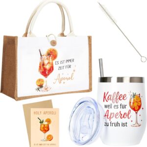 3 Piece Splash Gift Set for Aperitif, Stainless Steel Wine Tumbler 350ml with Lid & Straw, XXL Jute Beach/Gift Bag 32×22×13cm, Premium Birthday Card – Summer, Party, Girlfriend, Women