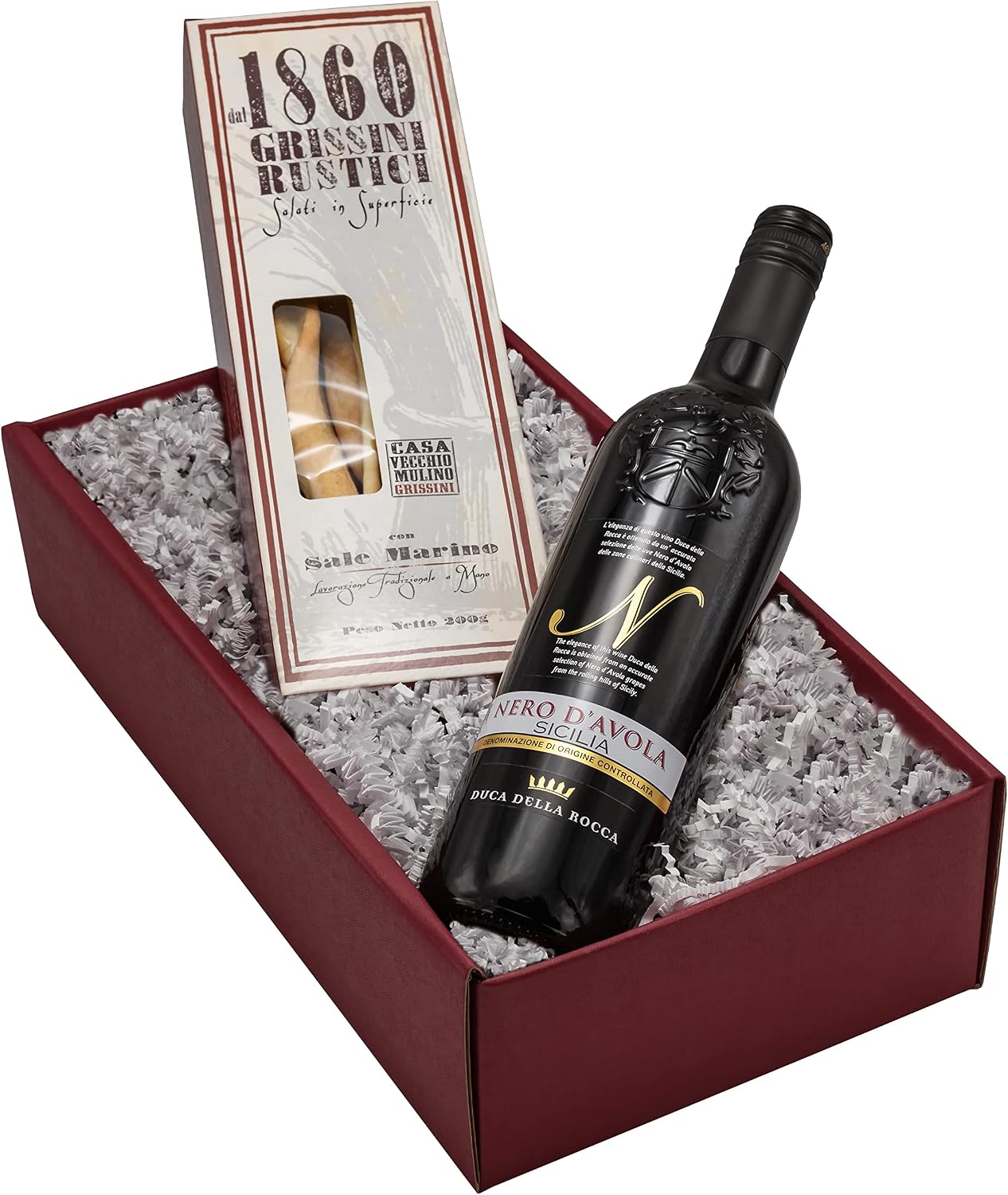 The Wine Guys Gift Set "Rustico" with Wine and Salt Pastries in a Great Gift Box Gift Set with Elegant Red Wine from Sicily (1 x 0.75 L) and Fine Breadsticks from Italy