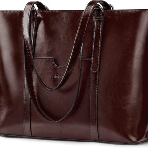 S-ZONE 15.6 Inch Leather Shoulder Bag Laptop Bag Women's Handbag with Shoulder Strap