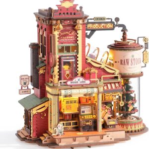 ROBOTIME 3D Holzpuzzle Geschenkfabrik Bausatz – Mechanisches Modell mit Musik & LED Licht, Retro Vintage Bastelset für Erwachsene & Jugendliche, EAB01
