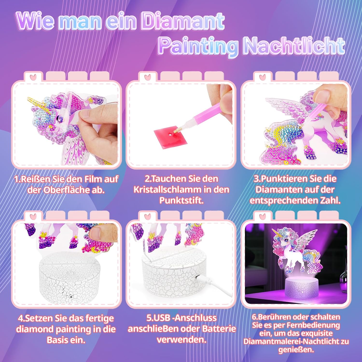 Unicorn Gift for Girls 5-10 Years: Diamond Painting Night Light Children – Bild 5