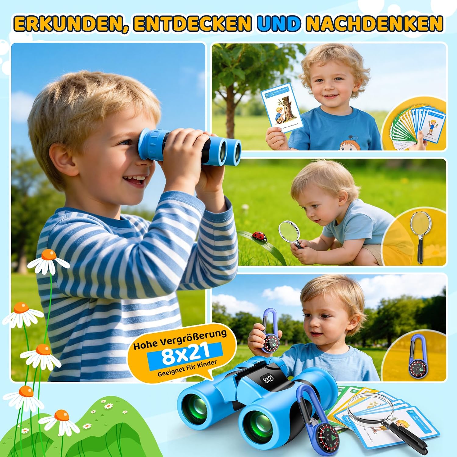 Binoculars for Children 8 x 21 with Magnifying Glass, Compass & Explorer – Bild 2